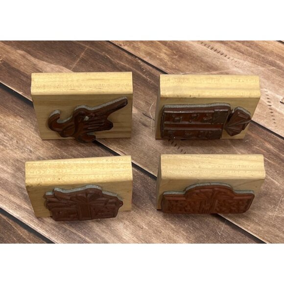 DENAMI DESIGN WOOD MOUNTED RUBBER STAMP SET OF 4 HOLIDAY GIFT BOX JOY - Picture 5 of 7